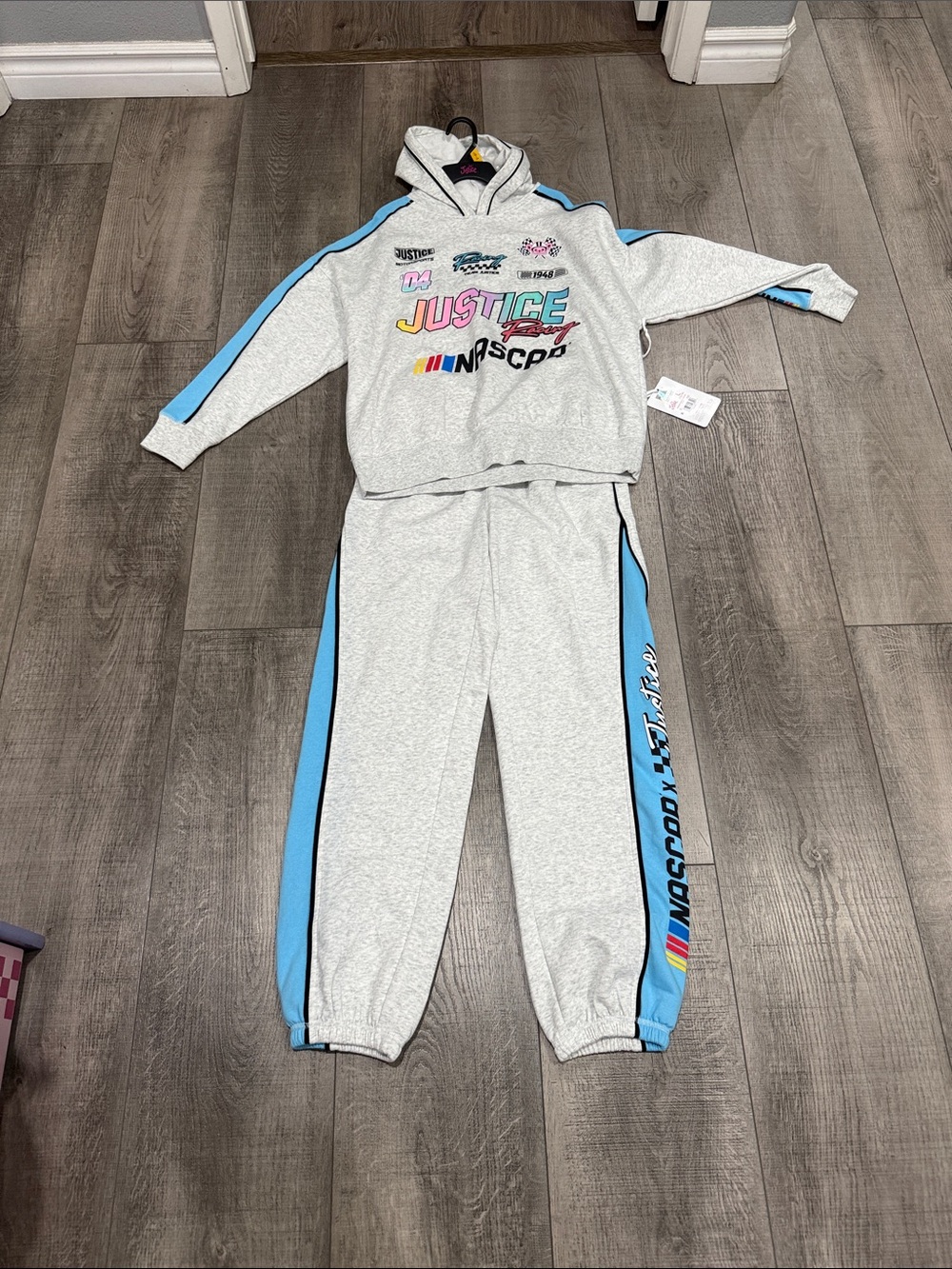 Justice Girls Light Gray & Blue Racing Logo Jogger Set